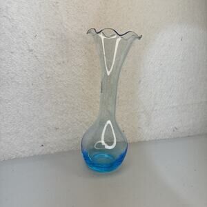 Handblown Blue Turquoise Glass Bud Vase Etched Flower Ruffled Edge Rounded Base